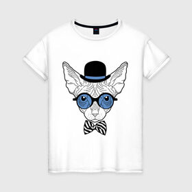 Женская футболка хлопок с принтом Сфинкс в цилиндре в Курске, 100% хлопок | прямой крой, круглый вырез горловины, длина до линии бедер, слегка спущенное плечо | бабочка | галстук | кот | котелок | кошка. киса | очки | сфинкс | цилиндр | шляпа