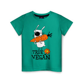 Детская футболка хлопок с принтом True vegan (истинный веган) в Курске, 100% хлопок | круглый вырез горловины, полуприлегающий силуэт, длина до линии бедер | carrot | flower | rabbit | true | vegan | веган | заяц | истинный | морковка | ролик | цветок | экология