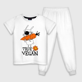 Детская пижама хлопок с принтом True vegan (истинный веган) в Курске, 100% хлопок |  брюки и футболка прямого кроя, без карманов, на брюках мягкая резинка на поясе и по низу штанин
 | carrot | flower | rabbit | true | vegan | веган | заяц | истинный | морковка | ролик | цветок | экология