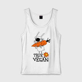 Женская майка хлопок с принтом True vegan (истинный веган) в Курске, 95% хлопок, 5% эластан |  | carrot | flower | rabbit | true | vegan | веган | заяц | истинный | морковка | ролик | цветок | экология