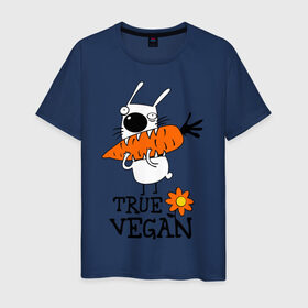 Мужская футболка хлопок с принтом True vegan (истинный веган) в Курске, 100% хлопок | прямой крой, круглый вырез горловины, длина до линии бедер, слегка спущенное плечо. | Тематика изображения на принте: carrot | flower | rabbit | true | vegan | веган | заяц | истинный | морковка | ролик | цветок | экология