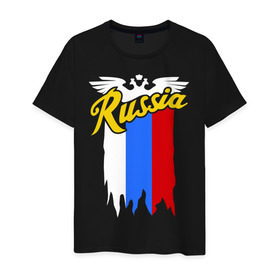 Мужская футболка хлопок с принтом Russia каллиграфия флаг в Курске, 100% хлопок | прямой крой, круглый вырез горловины, длина до линии бедер, слегка спущенное плечо. | герб | каллиграфия | патриот | россия | русский | рф | флаг