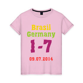 Женская футболка хлопок с принтом Бразилия - Германия в Курске, 100% хлопок | прямой крой, круглый вырез горловины, длина до линии бедер, слегка спущенное плечо | 