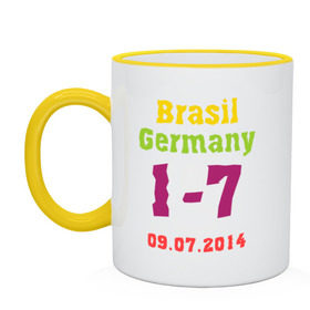Кружка двухцветная с принтом Бразилия - Германия в Курске, керамика | объем — 330 мл, диаметр — 80 мм. Цветная ручка и кайма сверху, в некоторых цветах — вся внутренняя часть | 