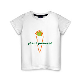 Детская футболка хлопок с принтом Vegetarian plant powered в Курске, 100% хлопок | круглый вырез горловины, полуприлегающий силуэт, длина до линии бедер | carrot | plant | power | vegan. vegeterian | веган | вегетарианец | заряжен | морковь | овощи | растение | сила | фрукты