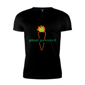 Мужская футболка премиум с принтом Vegetarian plant powered в Курске, 92% хлопок, 8% лайкра | приталенный силуэт, круглый вырез ворота, длина до линии бедра, короткий рукав | Тематика изображения на принте: carrot | plant | power | vegan. vegeterian | веган | вегетарианец | заряжен | морковь | овощи | растение | сила | фрукты