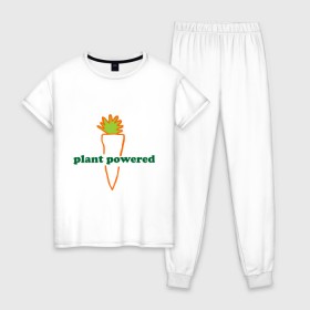 Женская пижама хлопок с принтом Vegetarian plant powered в Курске, 100% хлопок | брюки и футболка прямого кроя, без карманов, на брюках мягкая резинка на поясе и по низу штанин | carrot | plant | power | vegan. vegeterian | веган | вегетарианец | заряжен | морковь | овощи | растение | сила | фрукты