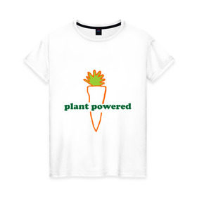 Женская футболка хлопок с принтом Vegetarian plant powered в Курске, 100% хлопок | прямой крой, круглый вырез горловины, длина до линии бедер, слегка спущенное плечо | carrot | plant | power | vegan. vegeterian | веган | вегетарианец | заряжен | морковь | овощи | растение | сила | фрукты