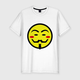 Мужская футболка премиум с принтом Вендетта смайлик в Курске, 92% хлопок, 8% лайкра | приталенный силуэт, круглый вырез ворота, длина до линии бедра, короткий рукав | vendetta | анонимус | вендетта | гай | значит | маска | смайл | фокс