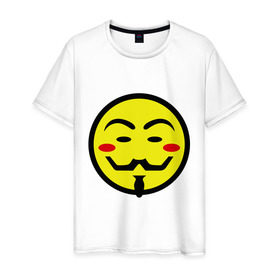 Мужская футболка хлопок с принтом Вендетта смайлик в Курске, 100% хлопок | прямой крой, круглый вырез горловины, длина до линии бедер, слегка спущенное плечо. | vendetta | анонимус | вендетта | гай | значит | маска | смайл | фокс