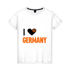 Женская футболка хлопок с принтом I love Germany в Курске, 100% хлопок | прямой крой, круглый вырез горловины, длина до линии бедер, слегка спущенное плечо | deutsch | football | germany | heart | love | германия | люблю | мяч | сердце | футбол