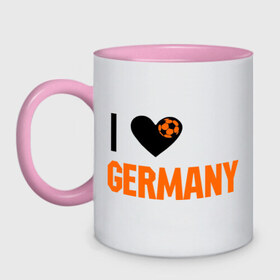 Кружка двухцветная с принтом I love Germany в Курске, керамика | объем — 330 мл, диаметр — 80 мм. Цветная ручка и кайма сверху, в некоторых цветах — вся внутренняя часть | deutsch | football | germany | heart | love | германия | люблю | мяч | сердце | футбол