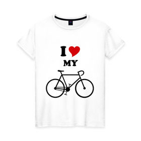 Женская футболка хлопок с принтом Я люблю велосипед в Курске, 100% хлопок | прямой крой, круглый вырез горловины, длина до линии бедер, слегка спущенное плечо | Тематика изображения на принте: велик | велосипед | девушка | сердечко | я