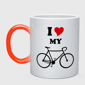 Кружка хамелеон с принтом Я люблю велосипед в Курске, керамика | меняет цвет при нагревании, емкость 330 мл | велик | велосипед | девушка | сердечко | я