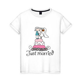 Женская футболка хлопок с принтом Just Married - Свадебный торт в Курске, 100% хлопок | прямой крой, круглый вырез горловины, длина до линии бедер, слегка спущенное плечо | just married | молодожены | свадебный торт | торт