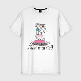 Мужская футболка премиум с принтом Just Married - Свадебный торт в Курске, 92% хлопок, 8% лайкра | приталенный силуэт, круглый вырез ворота, длина до линии бедра, короткий рукав | Тематика изображения на принте: just married | молодожены | свадебный торт | торт