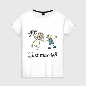 Женская футболка хлопок с принтом Just Married в Курске, 100% хлопок | прямой крой, круглый вырез горловины, длина до линии бедер, слегка спущенное плечо | 