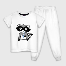Детская пижама хлопок с принтом Енот мальчик (парная) в Курске, 100% хлопок |  брюки и футболка прямого кроя, без карманов, на брюках мягкая резинка на поясе и по низу штанин
 | енот