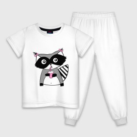 Детская пижама хлопок с принтом Енот девочка (парная) в Курске, 100% хлопок |  брюки и футболка прямого кроя, без карманов, на брюках мягкая резинка на поясе и по низу штанин
 | енот