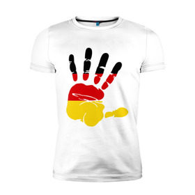 Мужская футболка премиум с принтом Рука Германии в Курске, 92% хлопок, 8% лайкра | приталенный силуэт, круглый вырез ворота, длина до линии бедра, короткий рукав | германия | желтый | красный | ладонь | отпечаток | рука | след | флаг | черный