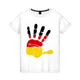 Женская футболка хлопок с принтом Рука Германии в Курске, 100% хлопок | прямой крой, круглый вырез горловины, длина до линии бедер, слегка спущенное плечо | германия | желтый | красный | ладонь | отпечаток | рука | след | флаг | черный