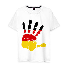 Мужская футболка хлопок с принтом Рука Германии в Курске, 100% хлопок | прямой крой, круглый вырез горловины, длина до линии бедер, слегка спущенное плечо. | Тематика изображения на принте: германия | желтый | красный | ладонь | отпечаток | рука | след | флаг | черный