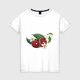 Женская футболка хлопок с принтом Сладкая вишенка в Курске, 100% хлопок | прямой крой, круглый вырез горловины, длина до линии бедер, слегка спущенное плечо | вишенка | вишня | сеток | фрукты | цветы