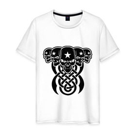Мужская футболка хлопок с принтом Три черепушки с кельтскими узорами в Курске, 100% хлопок | прямой крой, круглый вырез горловины, длина до линии бедер, слегка спущенное плечо. | 