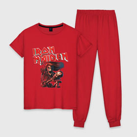 Женская пижама хлопок с принтом Iron Maiden в Курске, 100% хлопок | брюки и футболка прямого кроя, без карманов, на брюках мягкая резинка на поясе и по низу штанин | гитара | скелет