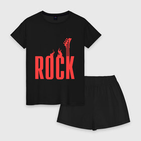Женская пижама с шортиками хлопок с принтом Rock (пылающая надпись) в Курске, 100% хлопок | футболка прямого кроя, шорты свободные с широкой мягкой резинкой | гитара