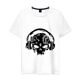 Мужская футболка хлопок с принтом Электро череп в Курске, 100% хлопок | прямой крой, круглый вырез горловины, длина до линии бедер, слегка спущенное плечо. | кости | музыка | наушники | электро череп
