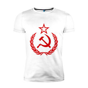 Мужская футболка премиум с принтом СССР герб в Курске, 92% хлопок, 8% лайкра | приталенный силуэт, круглый вырез ворота, длина до линии бедра, короткий рукав | звезда | молот | ретро | серп | ссср