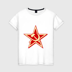 Женская футболка хлопок с принтом Слава советскому человеку в Курске, 100% хлопок | прямой крой, круглый вырез горловины, длина до линии бедер, слегка спущенное плечо | звезда | красный | молот | патриот | ретро | серп | ссср