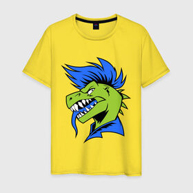 Мужская футболка хлопок с принтом Динозавр панк в Курске, 100% хлопок | прямой крой, круглый вырез горловины, длина до линии бедер, слегка спущенное плечо. | динозавр | ирокез | неформал | панк | раптор