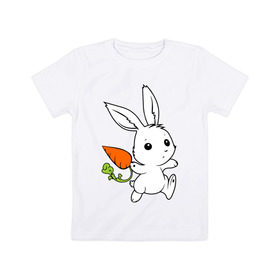 Детская футболка хлопок с принтом Зайка с морковкой в Курске, 100% хлопок | круглый вырез горловины, полуприлегающий силуэт, длина до линии бедер | белый | зайка | заяц | кролик | милый | морковь
