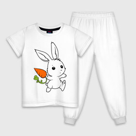 Детская пижама хлопок с принтом Зайка с морковкой в Курске, 100% хлопок |  брюки и футболка прямого кроя, без карманов, на брюках мягкая резинка на поясе и по низу штанин
 | белый | зайка | заяц | кролик | милый | морковь