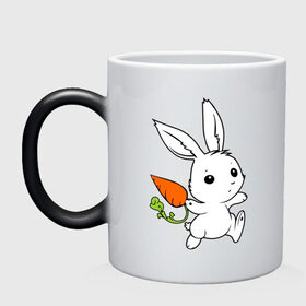 Кружка хамелеон с принтом Зайка с морковкой в Курске, керамика | меняет цвет при нагревании, емкость 330 мл | белый | зайка | заяц | кролик | милый | морковь