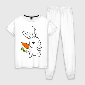 Женская пижама хлопок с принтом Зайка с морковкой в Курске, 100% хлопок | брюки и футболка прямого кроя, без карманов, на брюках мягкая резинка на поясе и по низу штанин | белый | зайка | заяц | кролик | милый | морковь