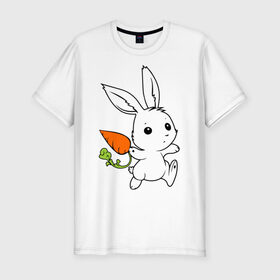 Мужская футболка премиум с принтом Зайка с морковкой в Курске, 92% хлопок, 8% лайкра | приталенный силуэт, круглый вырез ворота, длина до линии бедра, короткий рукав | Тематика изображения на принте: белый | зайка | заяц | кролик | милый | морковь