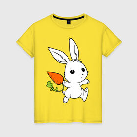 Женская футболка хлопок с принтом Зайка с морковкой в Курске, 100% хлопок | прямой крой, круглый вырез горловины, длина до линии бедер, слегка спущенное плечо | Тематика изображения на принте: белый | зайка | заяц | кролик | милый | морковь