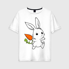 Женская футболка хлопок Oversize с принтом Зайка с морковкой в Курске, 100% хлопок | свободный крой, круглый ворот, спущенный рукав, длина до линии бедер
 | белый | зайка | заяц | кролик | милый | морковь