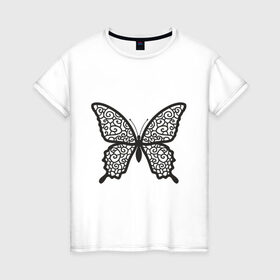 Женская футболка хлопок с принтом Бабочка с кружевными крыльями в Курске, 100% хлопок | прямой крой, круглый вырез горловины, длина до линии бедер, слегка спущенное плечо | кружево | мотылек | силуэт | узор