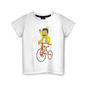 Детская футболка хлопок с принтом Фредди на велосипеде в Курске, 100% хлопок | круглый вырез горловины, полуприлегающий силуэт, длина до линии бедер | Тематика изображения на принте: queen | велосипед | меломанам | музыка | прикол | рок | фрэдди меркьюри