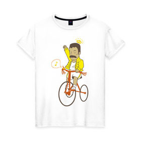 Женская футболка хлопок с принтом Фредди на велосипеде в Курске, 100% хлопок | прямой крой, круглый вырез горловины, длина до линии бедер, слегка спущенное плечо | Тематика изображения на принте: queen | велосипед | меломанам | музыка | прикол | рок | фрэдди меркьюри