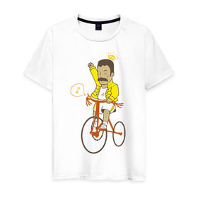 Мужская футболка хлопок с принтом Фредди на велосипеде в Курске, 100% хлопок | прямой крой, круглый вырез горловины, длина до линии бедер, слегка спущенное плечо. | queen | велосипед | меломанам | музыка | прикол | рок | фрэдди меркьюри