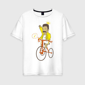 Женская футболка хлопок Oversize с принтом Фредди на велосипеде в Курске, 100% хлопок | свободный крой, круглый ворот, спущенный рукав, длина до линии бедер
 | queen | велосипед | меломанам | музыка | прикол | рок | фрэдди меркьюри