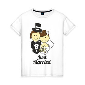 Женская футболка хлопок с принтом Just Married - Молодожены в Курске, 100% хлопок | прямой крой, круглый вырез горловины, длина до линии бедер, слегка спущенное плечо | just married | жених | молодожены | невеста | подарки | праздник | свадьби