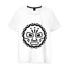 Мужская футболка хлопок с принтом Маска индейских племен в Курске, 100% хлопок | прямой крой, круглый вырез горловины, длина до линии бедер, слегка спущенное плечо. | Тематика изображения на принте: ацтеки | индейцы | культ | майа | маска | племя
