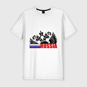Мужская футболка премиум с принтом Россия в Курске, 92% хлопок, 8% лайкра | приталенный силуэт, круглый вырез ворота, длина до линии бедра, короткий рукав | герб | орел | патриот | россия | рф | триколор | флаг