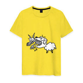 Мужская футболка хлопок с принтом Волк и овечка в Курске, 100% хлопок | прямой крой, круглый вырез горловины, длина до линии бедер, слегка спущенное плечо. | Тематика изображения на принте: баран | внезапно | волк | ловушка | овечка | овца